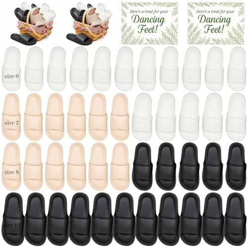 Chicingyou 48 Pairs Slide Sandals Bulk Wedding Flip Flops 4 Sizes Slippers with Sign Cards for Reception Guests Men Women House Shoes Washable(White,Sand Color,Black)