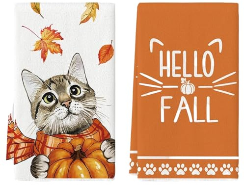 Scinzene 2er Set Geschirrtücher Herbst Mit Katzenmotiv, 40cm X 60cm, Herbst Geschirrtuch, Fall Decor Küchentücher Für Herbstdeko Und Kürbis Deko, Ideal Herbst Dekoration Und Geschirrtuch Kinder Schule