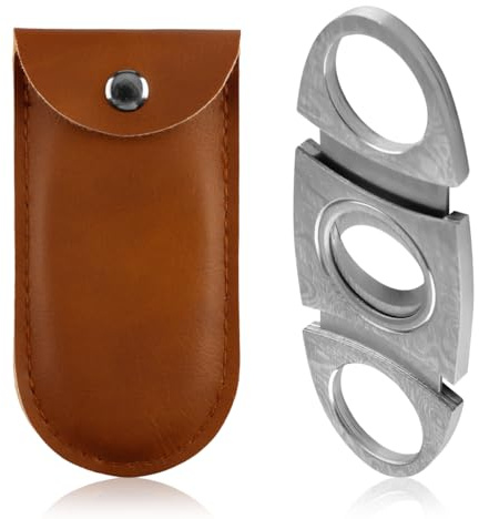 Lotsdonxia Coupe-cigares à grain argenté – Ciseaux à double lame en acier de Damas avec étui en cuir, cadeaux de fête des pères adaptés à la plupart des cigares