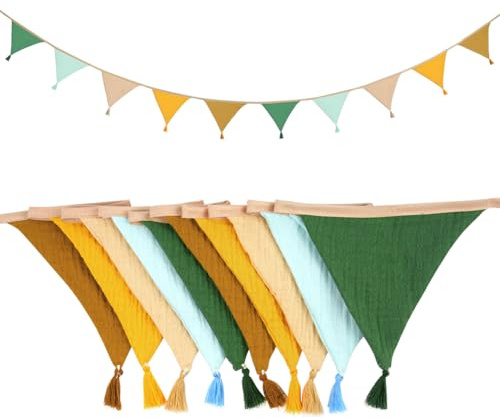 Alaoo Banderines, Guirnalda de Banderines de Tela 2.6 Metros con 10 Banderas, Triangulares Impermeables Incluye Borlas y Cadena, banderines Reutilizables para Bodas Fiestas Guirnalda,Amarillo Parduzco