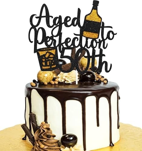 50th Birthday Cake Topper - Black Gold Double Sided with Beer Mug Design - Elegant Cake Decorations for 50th Birthday Party, Anniversary Celebration (Aged To Perfection)