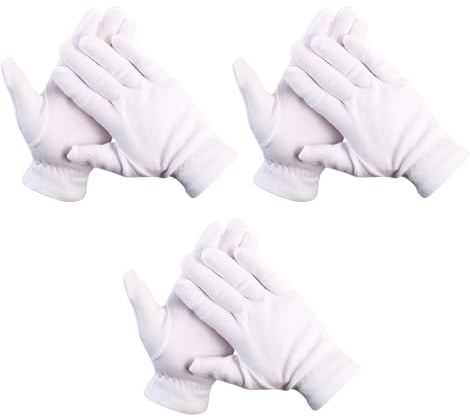 JOVYTH 3 paia Guanti in cotone riutilizzabili, con polsino elastico, ideali per eczema e cura delle mani secche, guanti in tessuto morbido per maschere per le mani, guanti idratanti (Bianco)