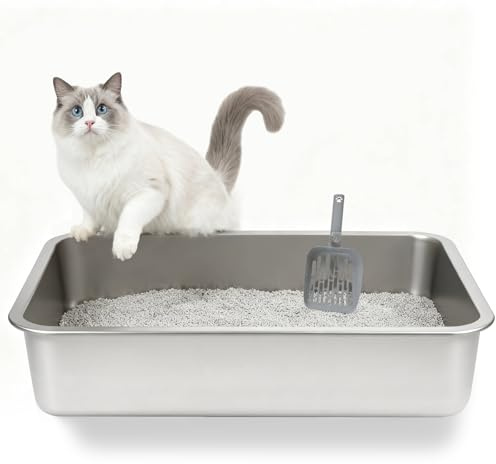 LEEJARD Edelstahl Katzenklo 50x35x15,5cm - Passend für Katzenklo Schrank - Geruchsneutrale Metall Katzentoilette für Katzen & Kaninchen - Rostfrei& Antihaftbeschichtet, inkl. Streuschaufel