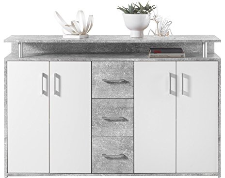 möbelando Highboard Anrichte Standschrank Sideboard Kommode Beistellschrank Flur Delia I Beton/Weiß