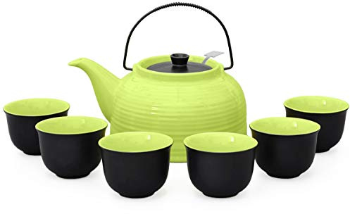 Aricola Teeservice „Nelly“. Moderne Teekanne 1,5 Liter in grün/schwarz aus hitzebeständiger Keramik mit Edelstahlfilter und 6 Teecups 120ml in grün/schwarz.