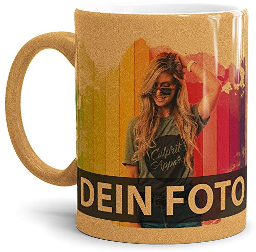 Tasse selbst individuell gestalten/Personalisierbar mit eigenem Foto bedrucken/Fototasse/Motivtasse/Werbetasse/Firmentasse mit Logo/Metallic - Gold - Glanz