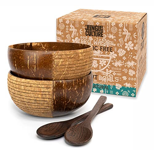 Jungle Culture® Set di 2 Ciotole in Noce di Cocco con Cucchiai, Cannuccia e Sacchetto • Ciotola de Legno per servire l'insalata, Frullati di Acai Pasta Cereali • 100% Prodotto Naturale • Coconut Bowls