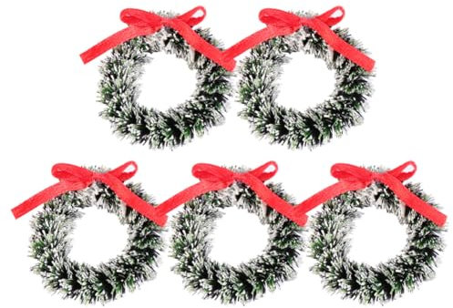 Vosarea 5 Stücke Mini Weihnachtskranz, Miniatur Weihnachten Kranz Mit Schleifen, Puppenhaus Mini Weihnachtskranz Tischdeko Weihnachtsbaum Kranz Anhänger Deko