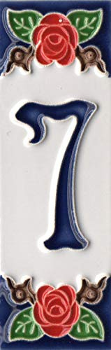 Hausnummern, italienische Keramik-Zahlen und Buchstaben, Rosen-Design, Fliesengröße: 10 cm x 3,5 cm, Rahmen für 3 bis 6 Fliesen (Nummer 7)