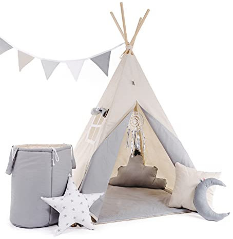 Rainbow Kids Tipi Zelt für Kinder | Baumwollsegeltuch Tippi Kinderzelt, Mehrere Muster und Farben mit und ohne Spielzubehör für Outdoor- und Indoor-Kinderspaß (Grauer Wolf, mit Zubehör)