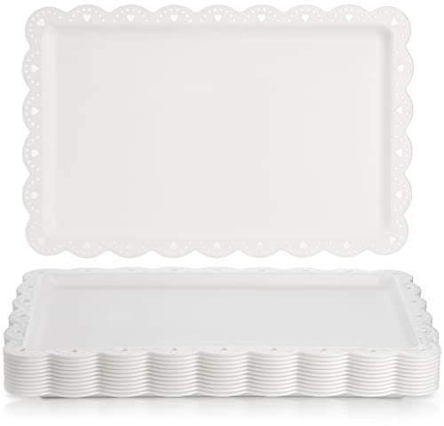 Peohud 12 Pack White Plastic Serving Platters, Disposable Party Serving Food Tray with Lace Rim, Rectangle Plastic Trays Serving Platter for Party, Wedding, Fast Food, Restaurant,14.4 x 9.3