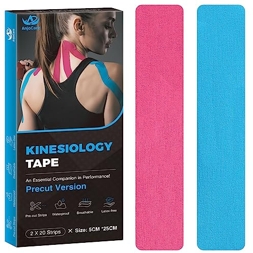 AnjoCare Kinesiologie Tape, 5cm X 25cm vorgeschnittenes Kinesiotapes für Sport, Wasserfestes & Elastisches hautfreundlich Kinesio Tapes für Knieschmerzen, Ellenbogen und Schulter (Rosa + Blau)