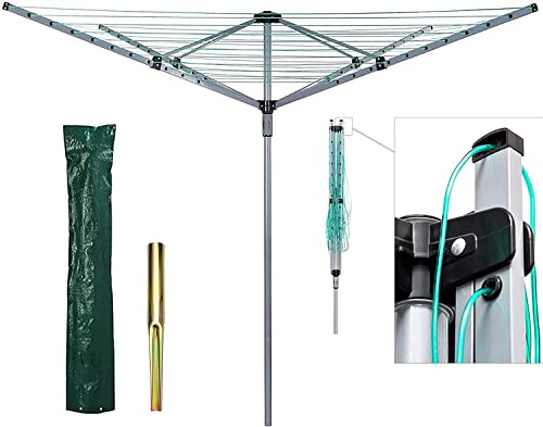 DIEBA 50m Heavy Duty 4 Arm Outdoor Rotary Clothes Airer/Dryer Washing Line With Metal Ground Spike & Water Proof Protective Cover Included - Outdoor Laundry Washing Line Ground Socket