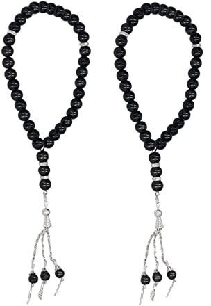 Buachois 2 Stück Gebetskette Islam 33 Perlen Muslimische Mala Halskette Gebetsperlen Stretch Armband Muslim Tasbih Misbaha Koran Gebet Perlenarmband für Frauen Männer Geschenk, Schwarz