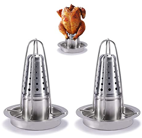 AMOZO Bierdosenhalter für Grill und Smoker – hochwertiger 304 Edelstahl Hühnerhalter – Geflügelbräter mit Aromabehälter (2 Stück)