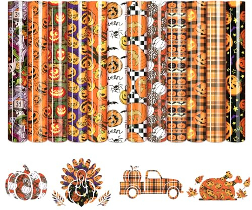 HTVSTD Halloween Pumpkin HTV Vinyl - 12 Sheets (12'' x 10'') Pumpkin HTV Heat Transfer Vinyl Patterned Iron On Vinyl for T-Shirts