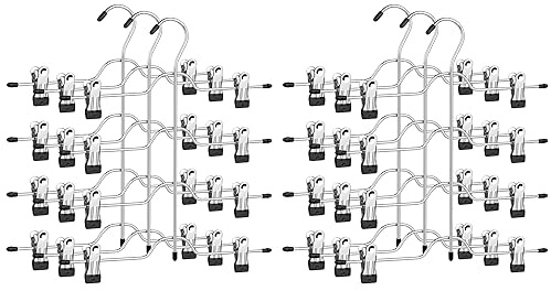 SONGMICS HosenbÜgel platzsparend, Mehrfach-RockbÜgel mit Clips, 6er Set, KleiderbÜgel aus Metall, fÜr je 4 Hosen, mit 8 verstellbaren Klammern, rutschfest, fÜr Hosen, 32 cm, silbern-schwarz CRI042B02