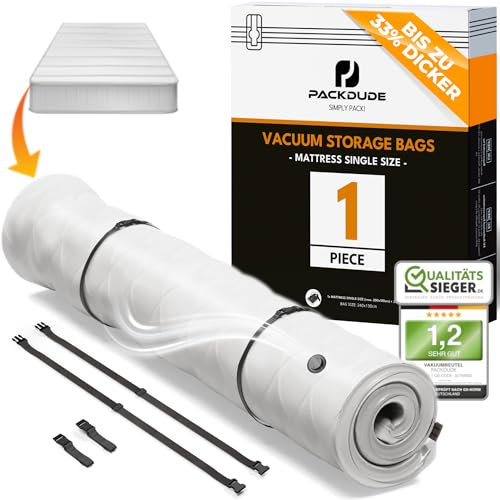 PACKDUDE Sacco Sottovuoto Materasso Singolo per Materassi fino a 200x100cm (Dim. della Borsa Singolo: 240x130cm) I Sacco Materasso Singolo per Materassi in Schiuma, Gel e Lattice I Con 2 Cinghie