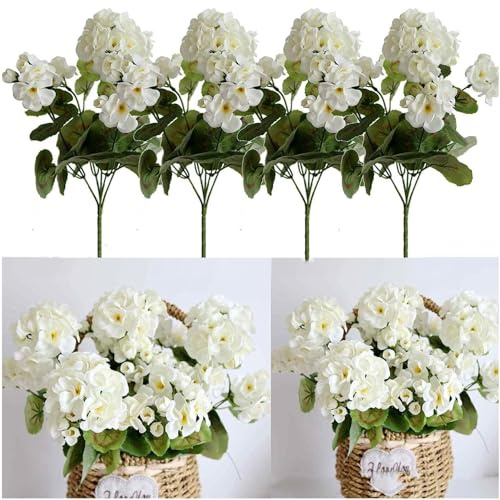 RXMORI 4 Pezzi Gerani Artificiali Fiori di Seta Piante Cespuglio di Geranio, Gerani Rossi Cespugli Floreali di Gerani Finti di Seta Composizioni Floreali per Fioriera da Esterno Decor(#3)