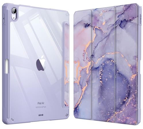 Fintie Étui Hybride Fin pour iPad Air 5e génération (2022) / iPad Air 4e génération (2020) 10,9 – [Porte-Crayon intégré] – Coque arrière Transparente, marbre Lilas