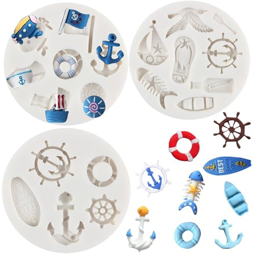 MYPRACS Anker Ruder Silikonform Strandthema Fondantform Segelboot Rettungsring Süßigkeitenform für Kuchen Dekorieren Cupcake Topper Schokolade Gummipaste Polymer Clay 3 Stück