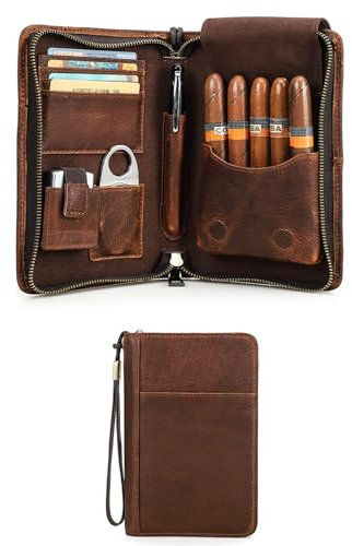 Hiram Cigarrväska, äkta läder cigarrhumidor håller 5 cigarrer, bärbar cigarrlåda med cigarrskärare tändarficka, multifunktionell luftfuktarväska med kortplats, mobiltelefonficka (brun)