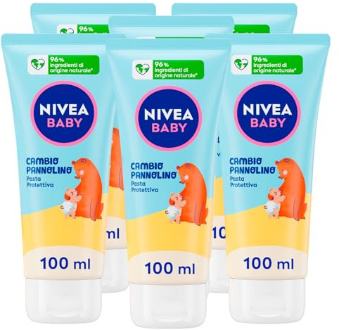Nivea Baby Schutzpaste für Windelwechsel, hypoallergene Formel mit Zinkoxid mit beruhigender und beruhigender Wirkung gegen Rötungen, 0% Alkohol, Parabene, Farbstoffe – 6 Flaschen à 100 ml