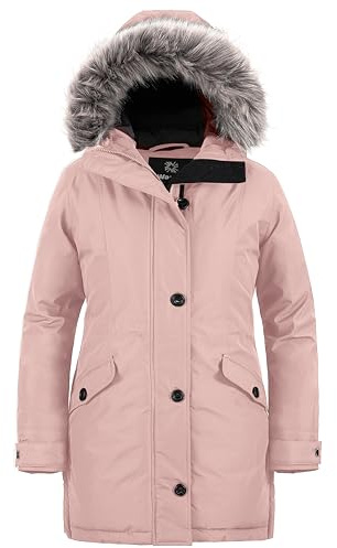 Wantdo Dunjacka Kvinnor Vinterkappa Varm Utomhus Parka Vindtät Jacka Med Huva Avtagbar Päls För Casual Arbete Promenad, Rosenröd, 50