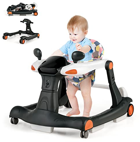 DREAMADE 2 in 1 Lauflernhilfe mit Musik & Licht, Baby Walker Höhenverstellbar & Klappbar, Gehfrei Lauflernwagen Baby ab 6 Monaten (Schwarz)