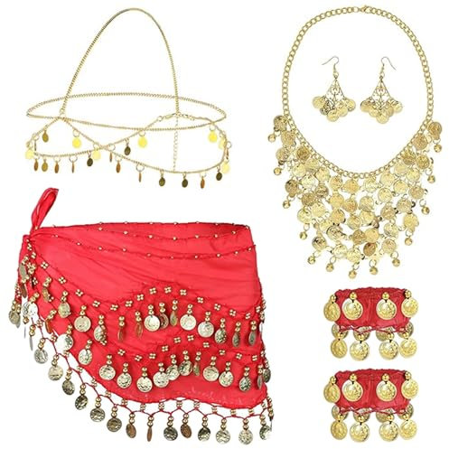 Vulevirtue 7 Sets Bauchtanz Accessoires Damen,Bauchtanz Hüfttuch Orientalischer Schmuck Gold Bauchtanz Kostüm Damen Chiffon Hüfttuch mit Goldmünzen Ohrringe, Halskette, Armbänder und Kopfschmuck