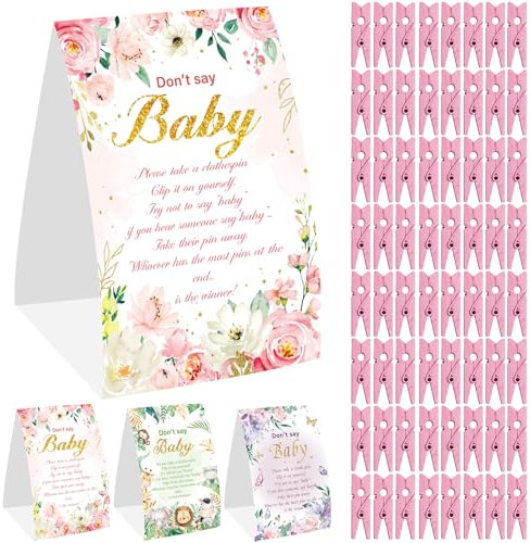 Weecent Babyparty-Spiele, Blumen-Babyparty-Spiele, Don't Say Baby Game, 2 Schilder und 50 Mini-Wäscheklammern, rosa Babyparty-Dekorationen, Partyzubehör