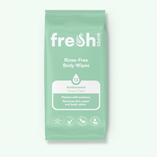 FreshWipes Lot de 12 lingettes antibactériennes pour adultes Parfum frais de l'océan Grandes lingettes humides biodégradables Testé dermatologiquement Convient aux personnes âgées ou handicapées