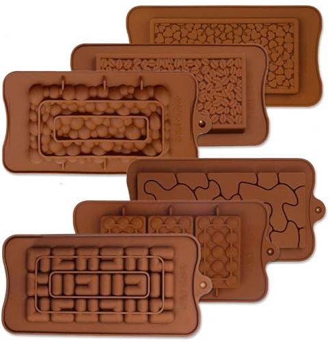 6 pcs Chocolate Bar Molds, VEINARDYL Silicone Candy Bar Mold Fondant Mould Non-Stick Chocolate Making Kit Homemade Protein and Energy Bar Molds for Party Festival - 6 Shapes