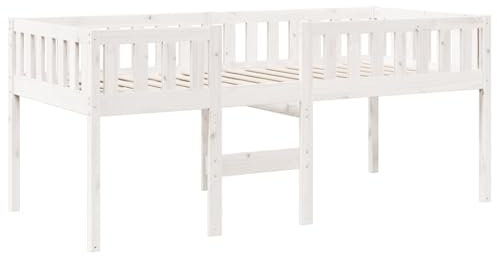 vidaXL Children's Bed without Mattress - White Solid Pine Wood 90x190cm - Loft Bed Frame with Slatted Base and Safety Fence - Ideal for Kids' Bedroom