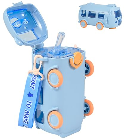Noaya Bus Kids Water Bottle With Straw - 500ml Leakproof Car Bottle for Boys, Travel Bus Water Bottle, Travel Friendly Daily Use (Blue)