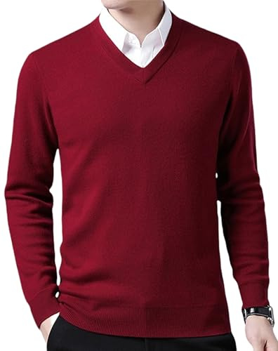 FULIER Men's V-Neck Jumper Cashmere Knitted Pullover Casual Long Sleeve Sweater Basic Sweatshirt Winter Jumper