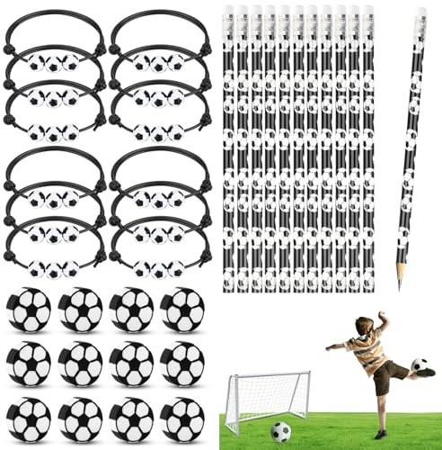SGQTGIMU 36 Fußball Mitgebsel Set, 12 Fußball Bleistifte 12 Fußball Radiergummi und 12 Fußball Armband, Schule Schreibwaren, Fussball Mitgebsel für Schule Schreibwaren Kindergeburtstag Gastgeschenke