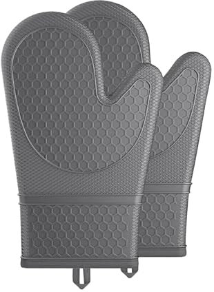 2 Stück Silikon Ofenhandschuhe, Ofenhandschuhe mit Rutschfest Wasserdicht, Ofenhandschuhe mit weichem Futter, zum Kochen, Backen, Küchenhandschuhe (Grau)