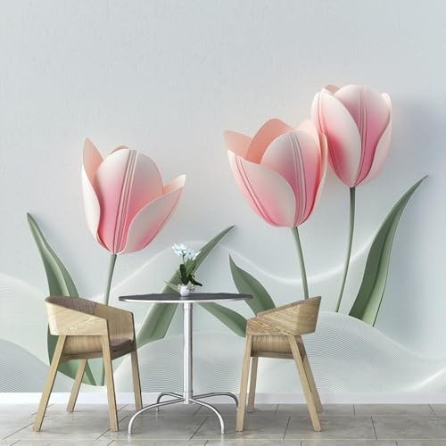 Tulipanes Rosados Hojas Mural de papel tapiz de seda decorativo, 350×256cm Papel Pintado 3D Fotografía Plantas Flores Mural Sala Estar Mural Sofá Fondo Dormitorio Fotomural