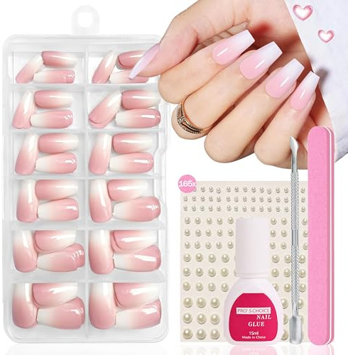Falsche Nägel Tips Set - 120 Stück Französisch Falsche Nägel Zum Aufkleben - Weiß Rosa Gradient Design Künstliche Nägel Nail Art Manicure Fake Nails für Damen und Frauen DIY (Baby Pink Kurz Ballerina)