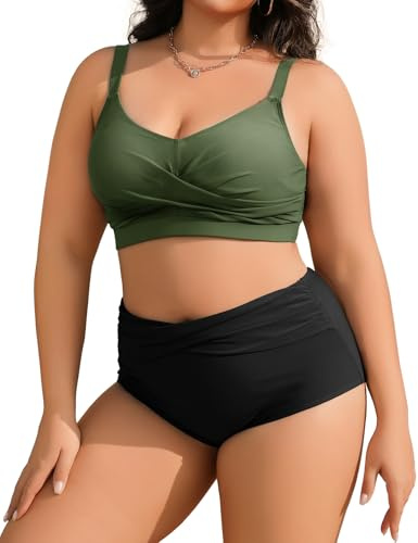 Tuopuda Bikini för kvinnor, stor storlek, tvådelad baddräkt, magkontroll, hög midja, push-up, bikinitopp plus storlek, curvig, tvådelad badmode, M-4XL, Grön + svart, L