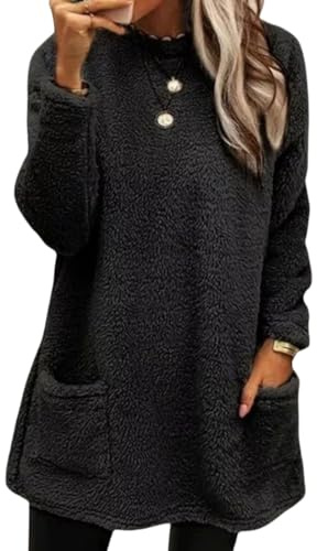 Sudaderas sin Capucha Mujer Jersey de Forro Polar Suelto Sólido Manga Larga | Sudaderas Suéter con Bolsillos Sudadera Mujer Oversize Manga Larga Otoño Casual Cuello Crew Sin Capucha