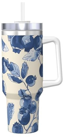 ZSUUGJ Blueberry Flower Gobelet isotherme de 1200 ml avec poignée et couvercle à paille - Tasse de voyage isotherme - Tasse à café réutilisable - Idéal pour voiture, travail et cadeau