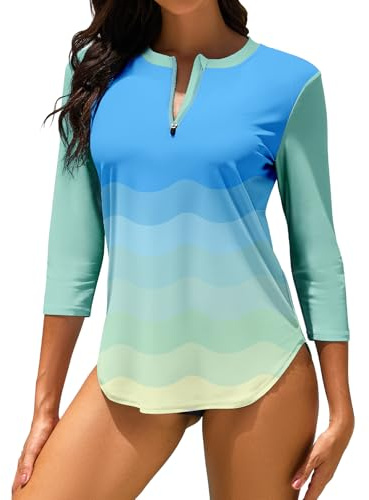 WOWENY Haut de Maillot de Bain Tee Shirt Anti UV Femme Rashguard Manches 3/4 avec Fermeture Éclair 1/4 UPF 50+ Séchage Rapide pour Sports Nautiques Surf Plage