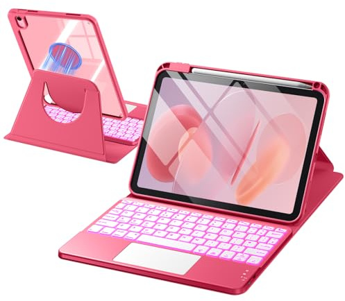drivego 360° Rotation Case with Keyboard for iPad A16 11th/10th Gen, Pink | 7 Color Backlit Wireless Trackpad Magnetic Detachable Keyboard, Cover for iPad 11 Generation 11 2025/10th Gen 10.9 inch 2022