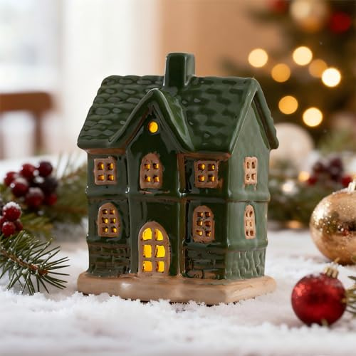Zecnaud Weihnachtshäuser mit Beleuchtung, Weihnachtsdeko Teelichthaus aus Porzellan, Weihnachtsdorf Häuser mit Beleuchtung, LED Lichthäuser Weihnachten Deko Innen (C)