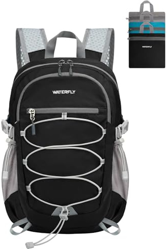 WATERFLY Small Lightweight Packable Backpack: 15L Mini Ultra Light Foldable Travel Daypack with Breathable Shoulder Strap Outdoor Hiking Camping Day Pack for Women Men Black