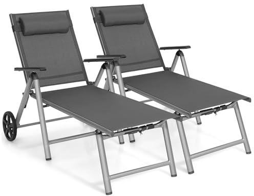COSTWAY 2er Set Sonnenliege Aluminium mit Rollen, Gartenliege klappbar | Hohe Sitzhöhe, Liegestuhl mit Kopfkissen, Armlehnen & verstellbarer Rückenlehne, Klappliege für Garten, Balkon, Terrasse