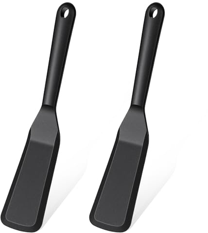 2 Pack Silicone Thin Spatula Omelet Turner, Heat Resistant Non-Stick Slim Spatulas for Fish Eggs Burgers Pizza Pancakes Crepes, Flexible Kitchen Cooking Turner (Black)