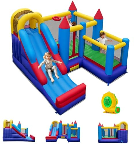 GOPLUS Chateau Gonflable Exterieur Enfants avec Toboggan, Cercle de Basket et Mur d’Escalade, Souffleur de 680W Inclus, pour Enfants de 3-12 Ans